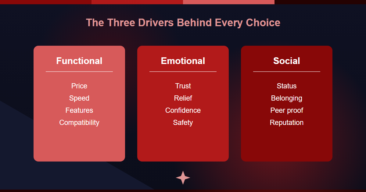 The three decision drivers: functional, emotional, and social
